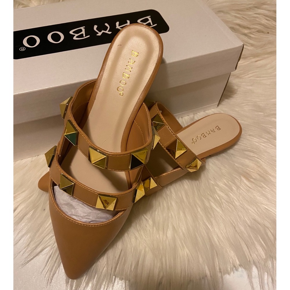 Bamboo tan mule slides